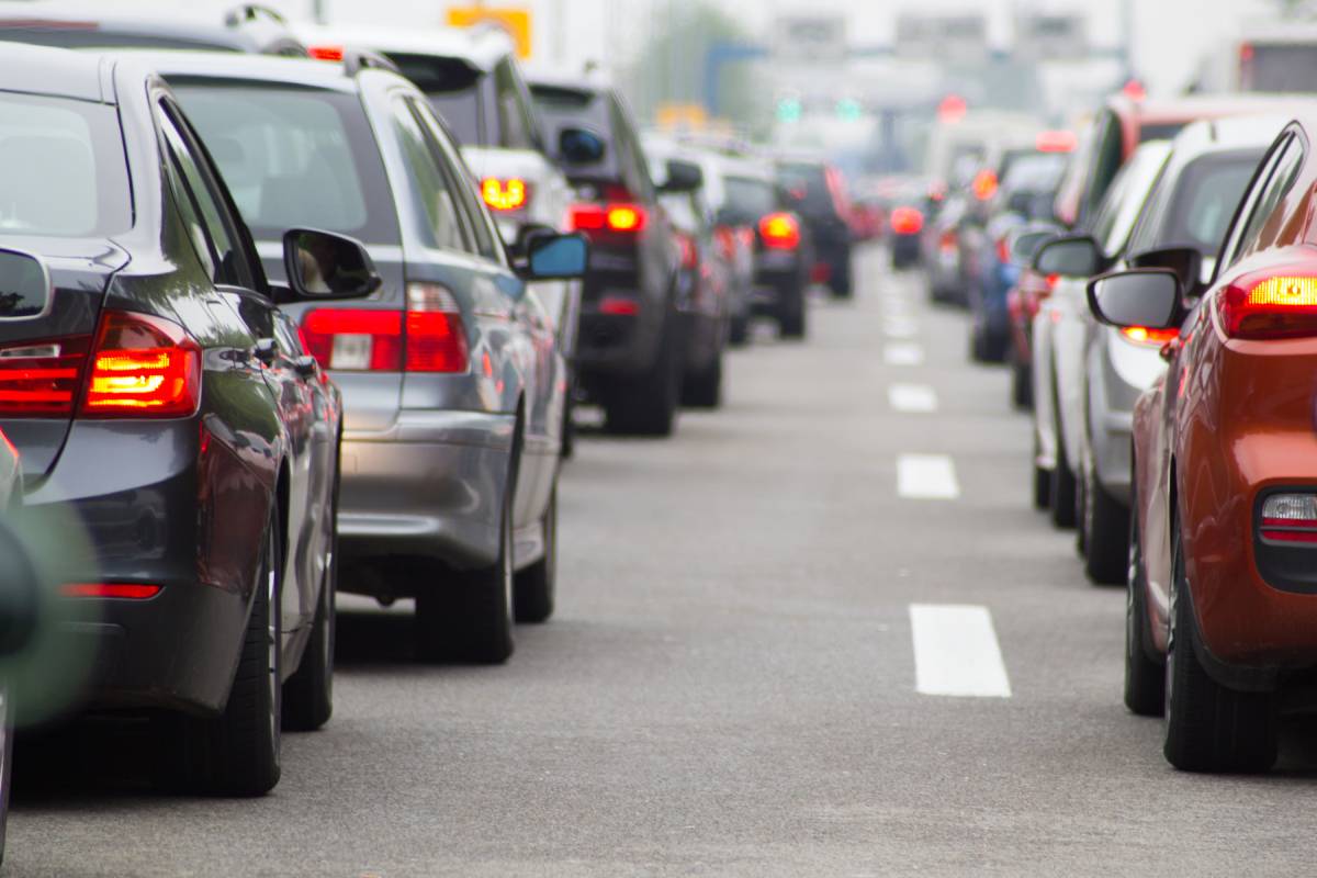 Cars on the freeway in a traffic jam