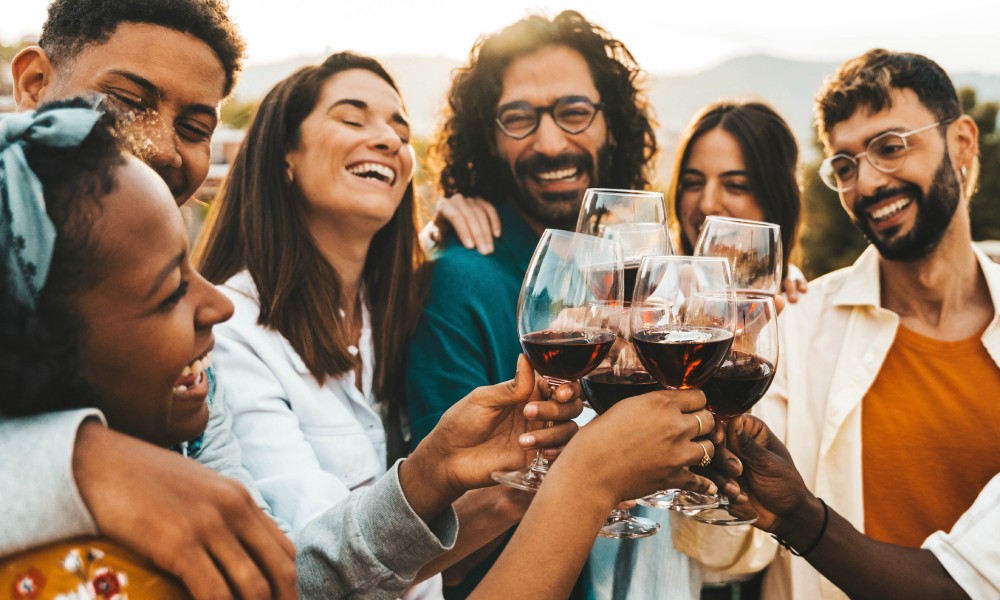 A group of people grins as they clink their glasses filled with red wine on a sunny day at a stunning Los Angeles vineyard.